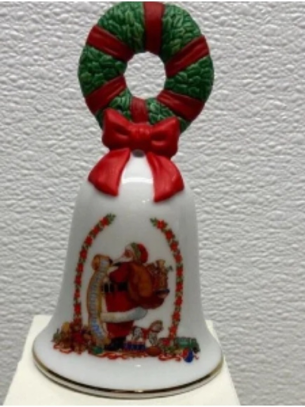 Holiday Porcelain Bell Ornament with Red Bow & Green Wreath